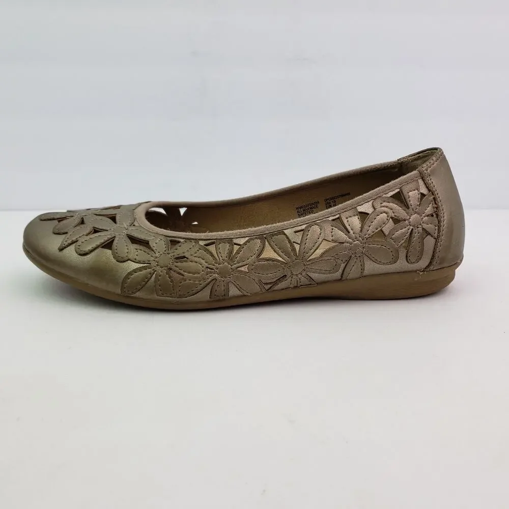 Earth Spirit Womens Size 10 Tan Gold Floral Design Slip On Ballet Flats Shoes